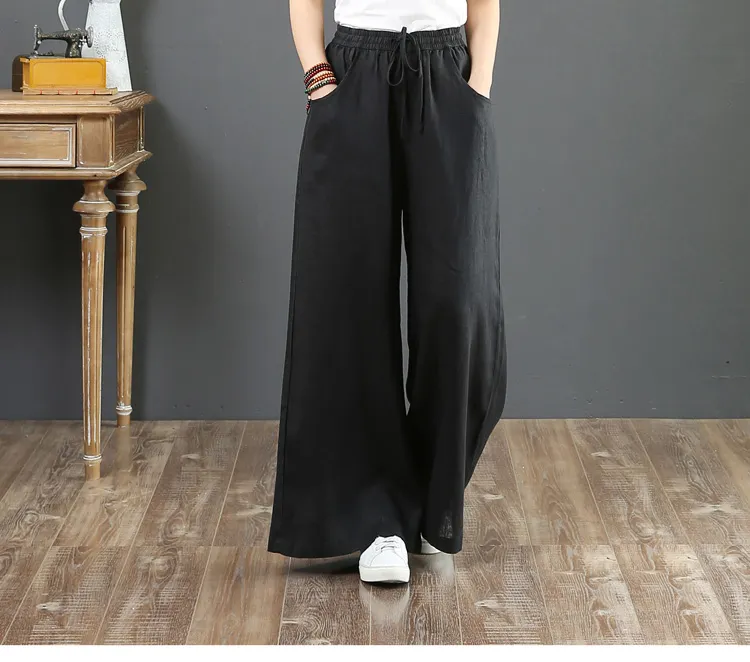 Pure Color Cotton and Linen Wide Leg Pants-Black