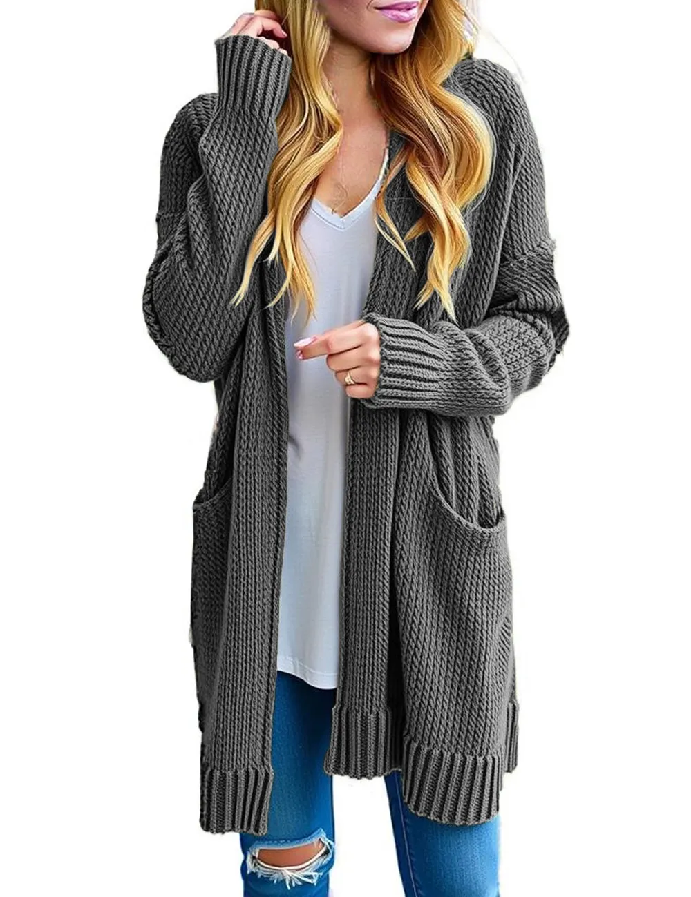 Women's Long Sleeve Knit Sweater Open Hooded Cardigan Jacket
