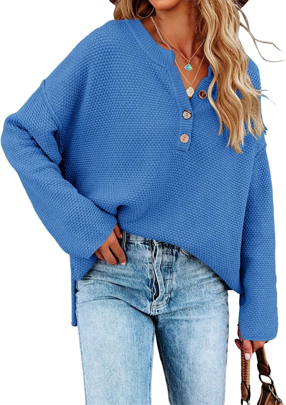 Women's Oversized Sweaters Batwing Long Sleeve Loose V Neck Button Henley Tops Pullover Knit Jumper