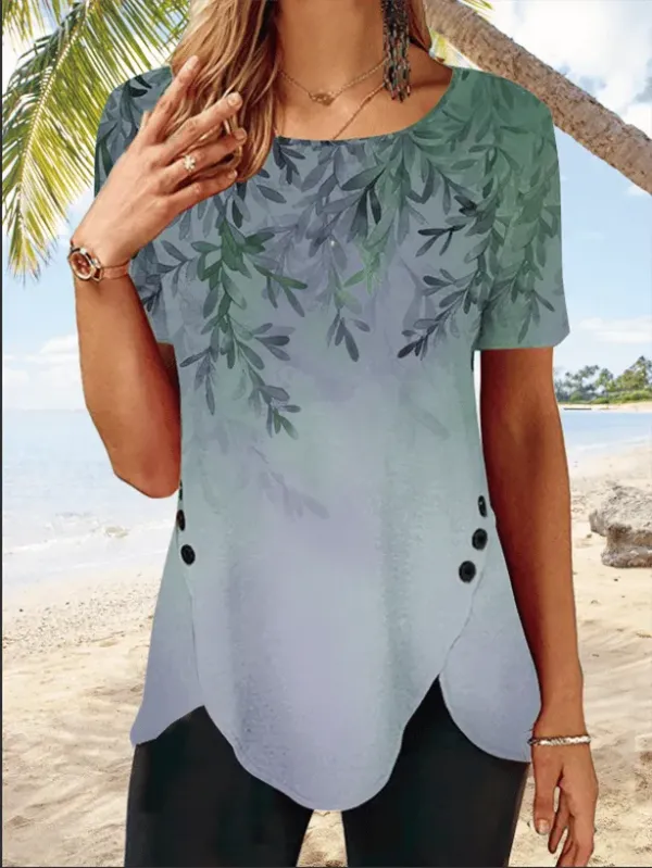 Women's Crew Neck Floral Tulip Hem Resort Tunic T-Shirt