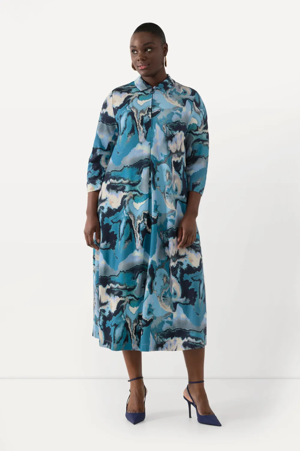 Kleid, Punto di Roma, A-Linie, Hemdkragen, 3/4-Arm