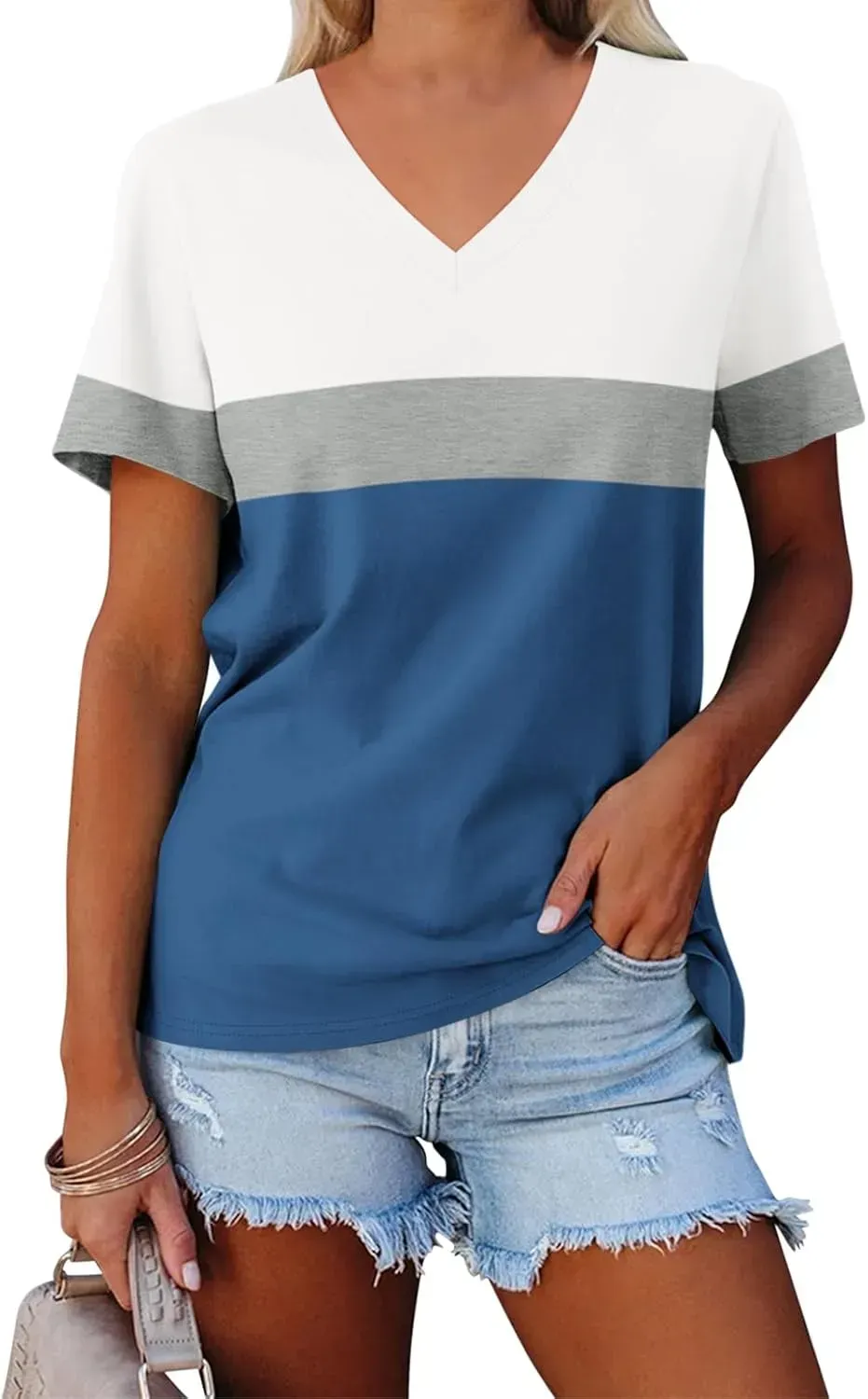 ORANDESIGNE Women's Color Block Short Sleeve T Shirts Casual V Neck Summer Tops Tees Loose Fit Blouses