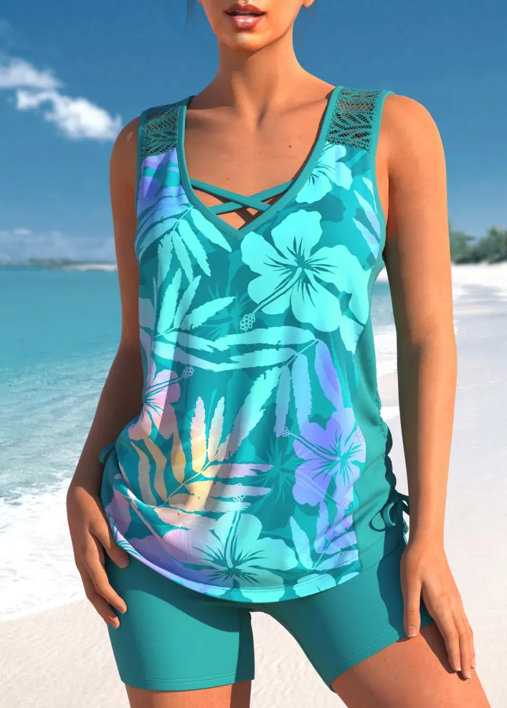 Floral Print Black Cross Strap Tankini Set