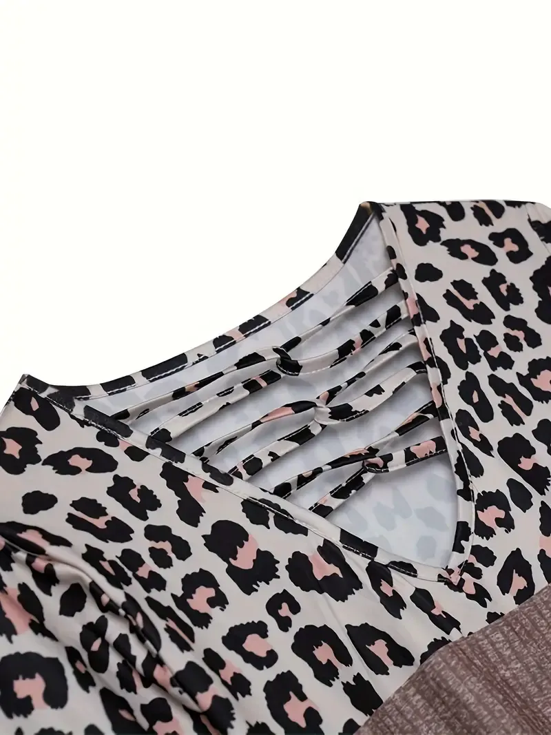 Leopard Print Cross Front T-Shirt, Casual Lace Stitching Long Sleeve Top For Spring & Fall, Women's Clothing