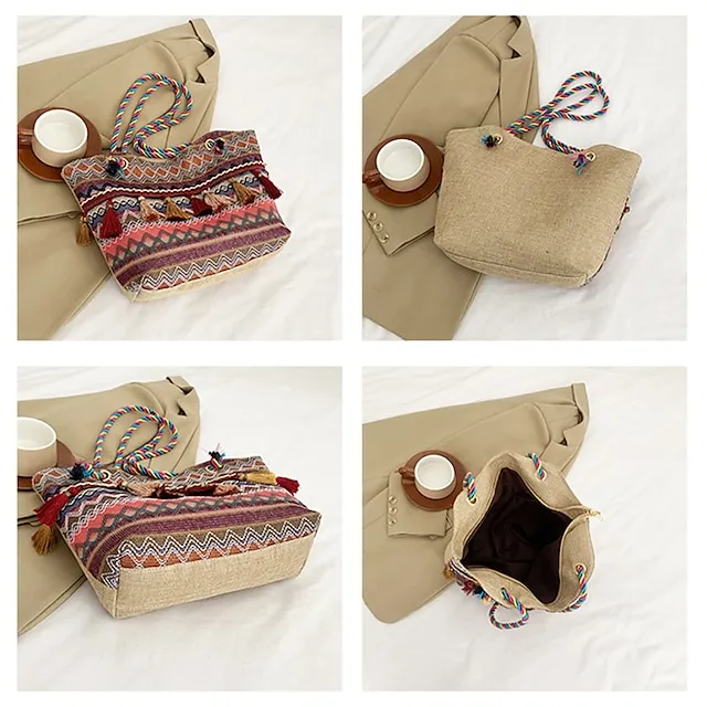 Women's Tote Shoulder Bag Hobo Bag Straw Bag Polyester Holiday Beach Tassel Zipper Large Capacity Breathable Lightweight Color Block Patchwork Folk Red Blue Orange