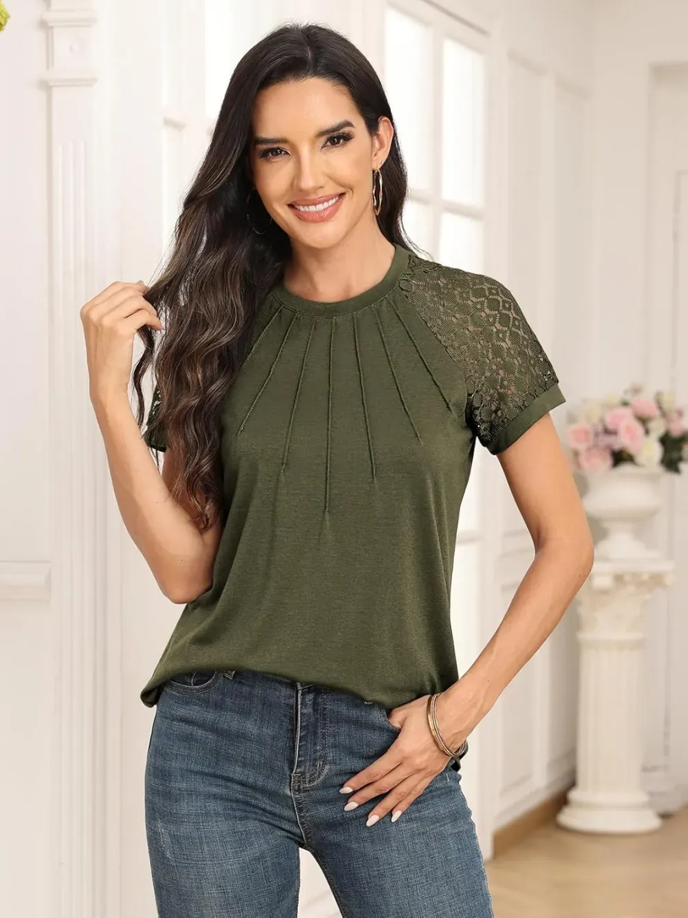 AUTOMET Womens Tshirts Trendy Fashion Tops Lace Short Sleeve Business Tee Shirts Casual Knitted Blouses Summer Outfits 2024