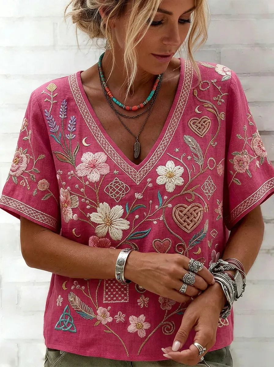 Women's Nashville Boho Floral Heart Embroidered Printed Top