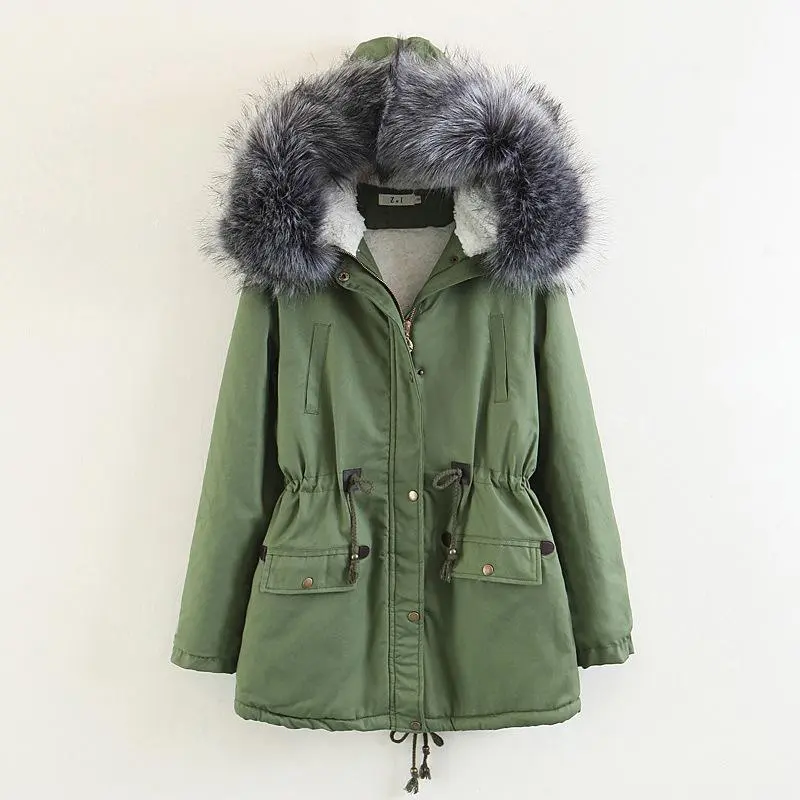 Faux Fur Collar Pockets Drawstring Women Parka Jacket Oversized Coat