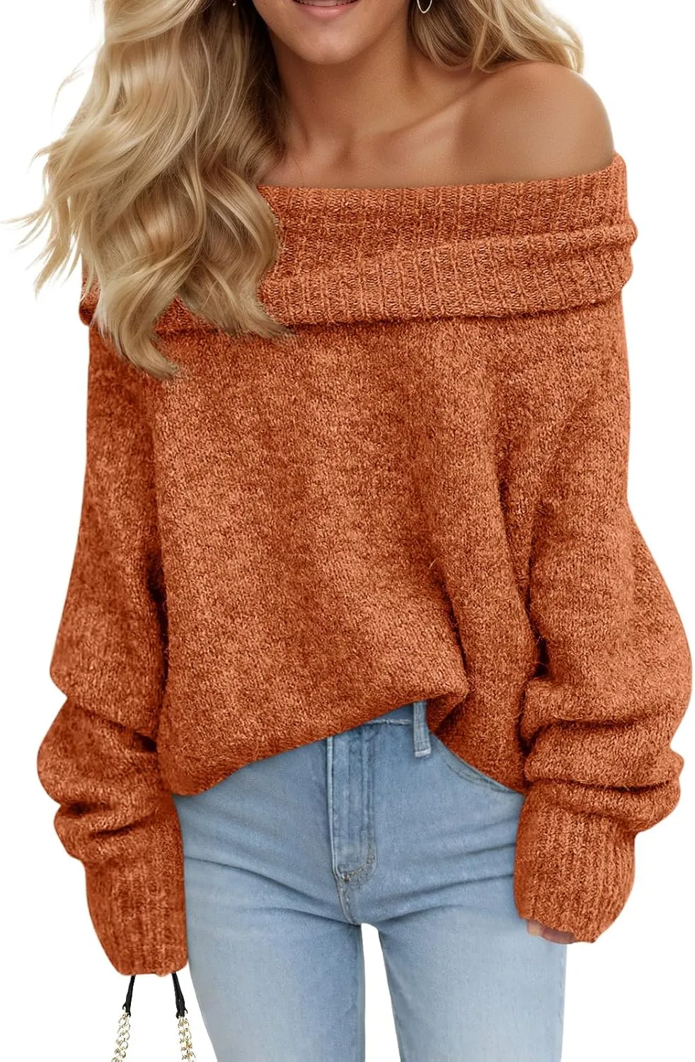 🎄Hot Sale Off The Shoulder Sweaters Long Sleeve Slouchy Knitted Casual Loose Fall Trendy Pullover Tops
