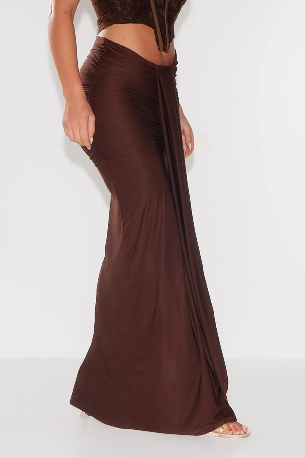 CHOCOLATE SLINKY RUCHED DRAPE FRONT MAXI SKIRT