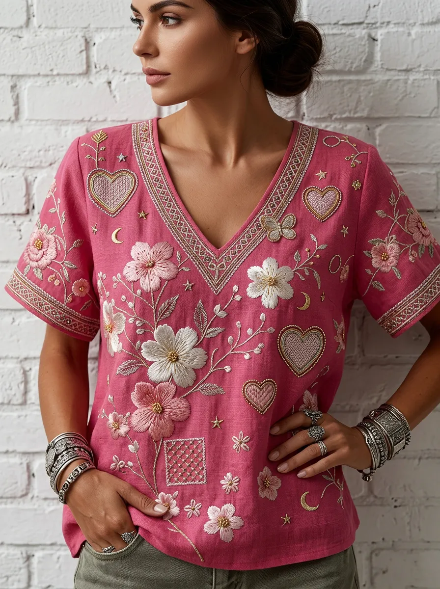 Women's Nashville Floral Heart Embroidered V-neck Top