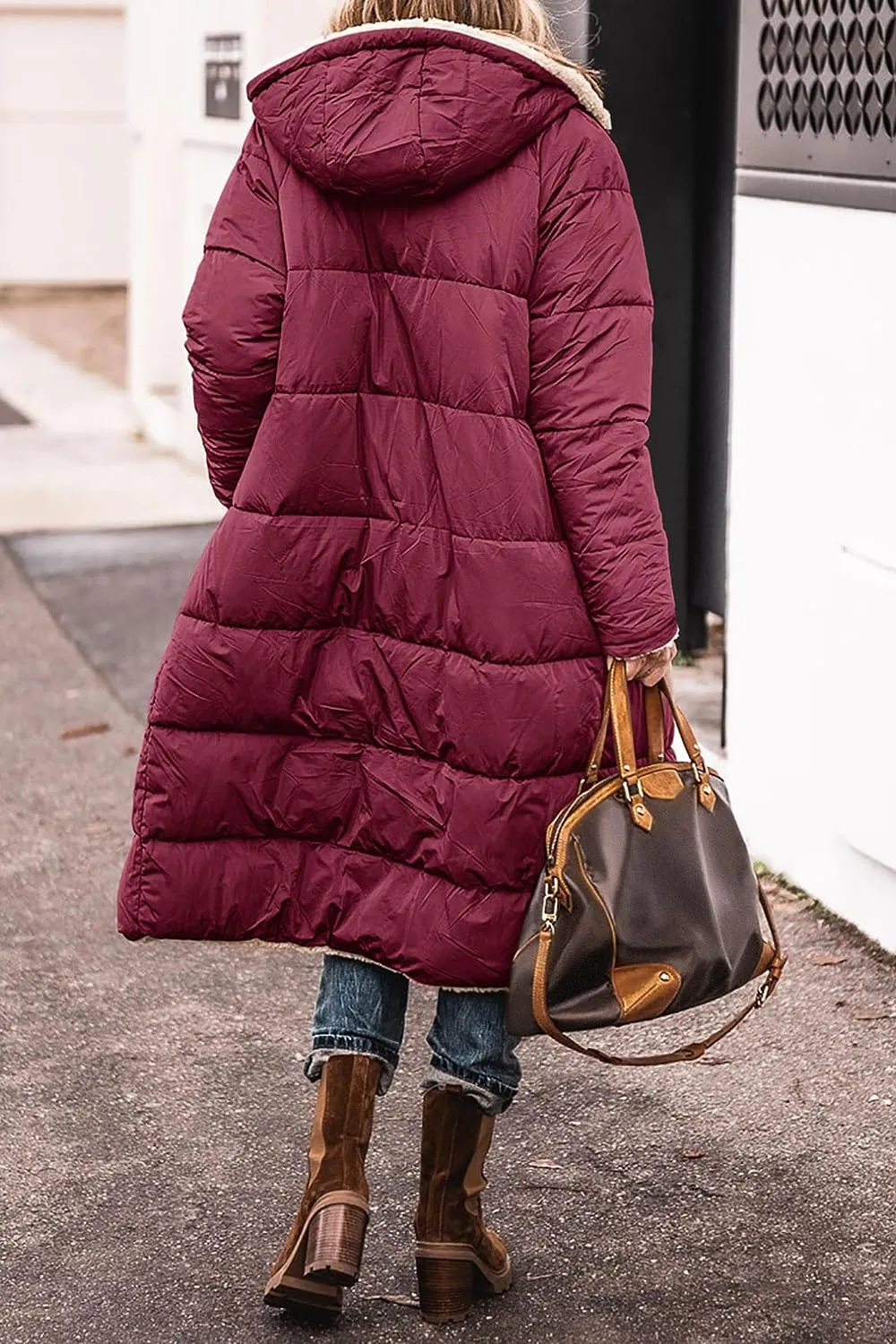 Women's 2023 Warm Winter Coats Reversible Sherpa Fleece Long Hooded Puffer Jackets Outerwear