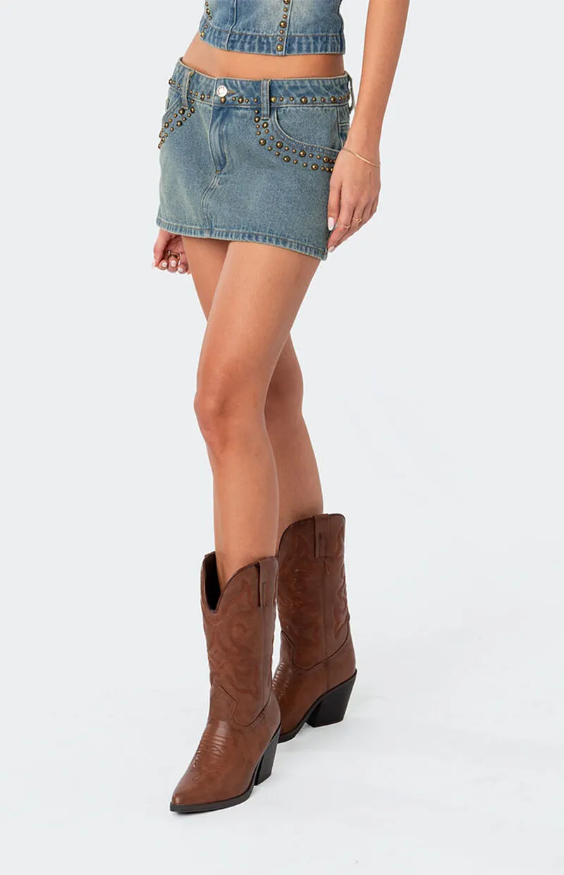 Edikted Studded Low Rise Washed Denim Mini Skirt