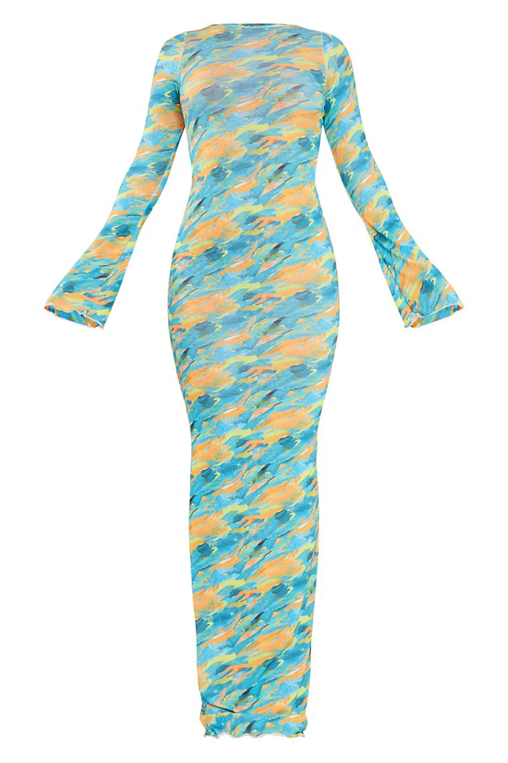 Orange Abstract Print Burnout Mesh Long Sleeve Maxi Dress