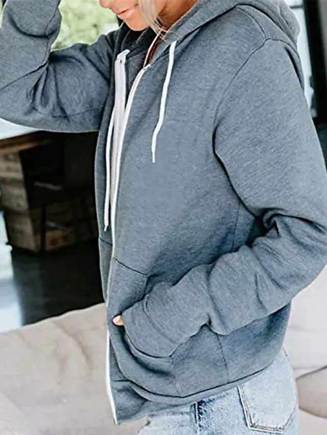 Women's Hoodied Jacket Casual Jacket Fall Spring Outdoor Zipper Plain Breathable Streetwear Regular Fit Outerwear Long Sleeve Summer Black S