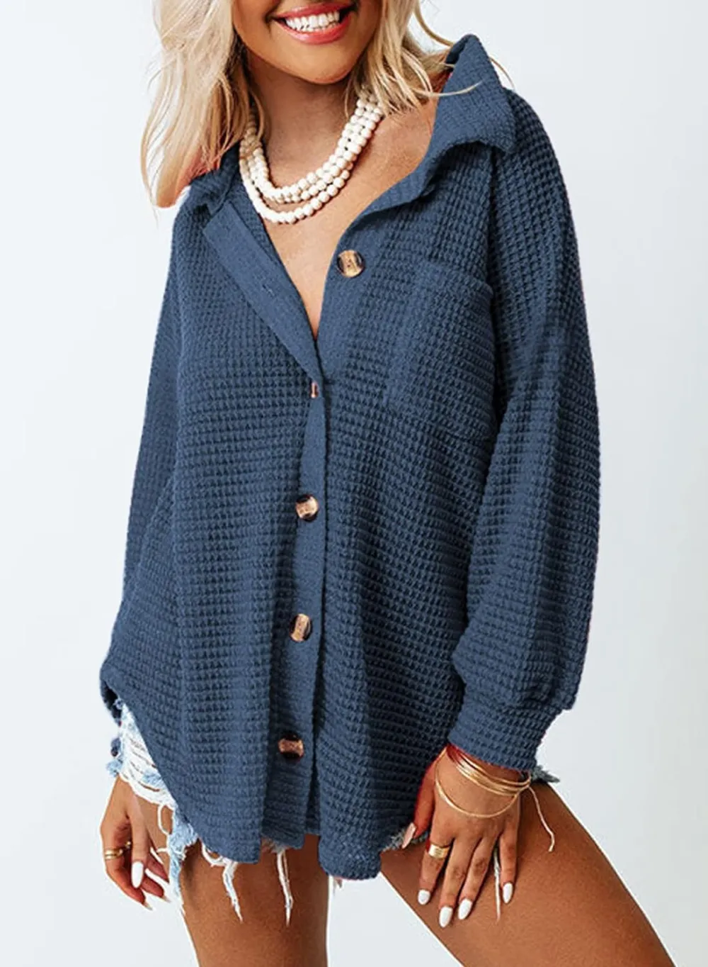 Womens Waffle Knit Button Down Shirts Casual Long Sleeve Shacket Jacket Boyfriend Tops Blouses Loose Fit