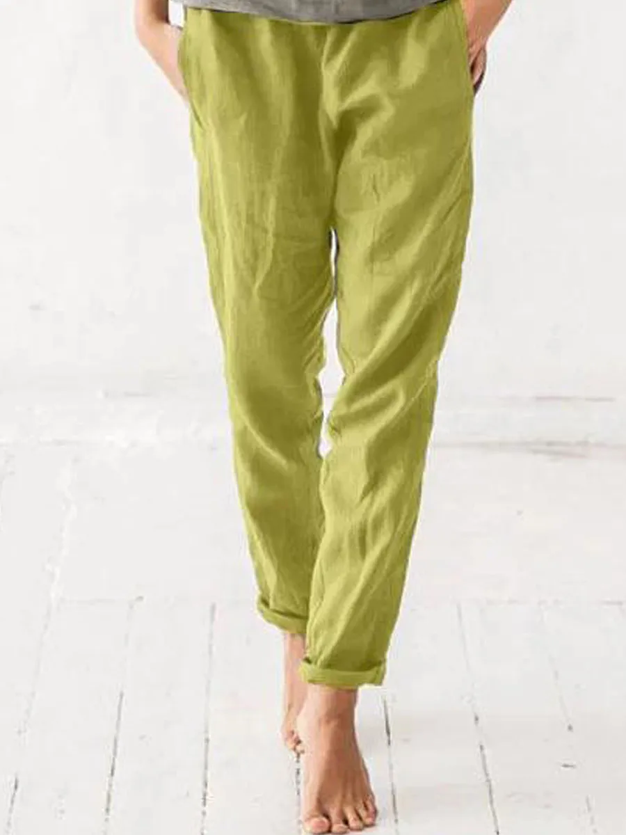 Elastic Waist Solid Color Cotton Linen Casual Women's Pants