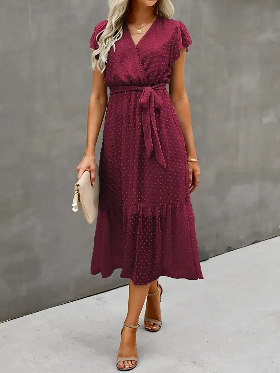Women Summer Bohemian Floral Casual Wrap V Neck Ruffle Cap Sleeveless Belt A-Line Pleated Hem Swing Midi Sun Dress