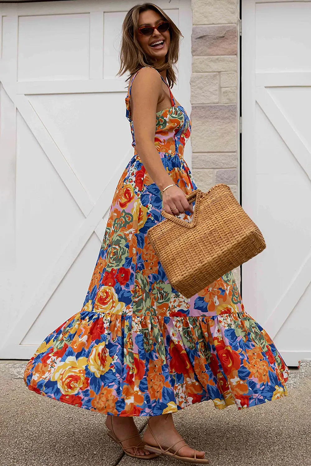 Square Neck Floral Pleated Maxi Dress