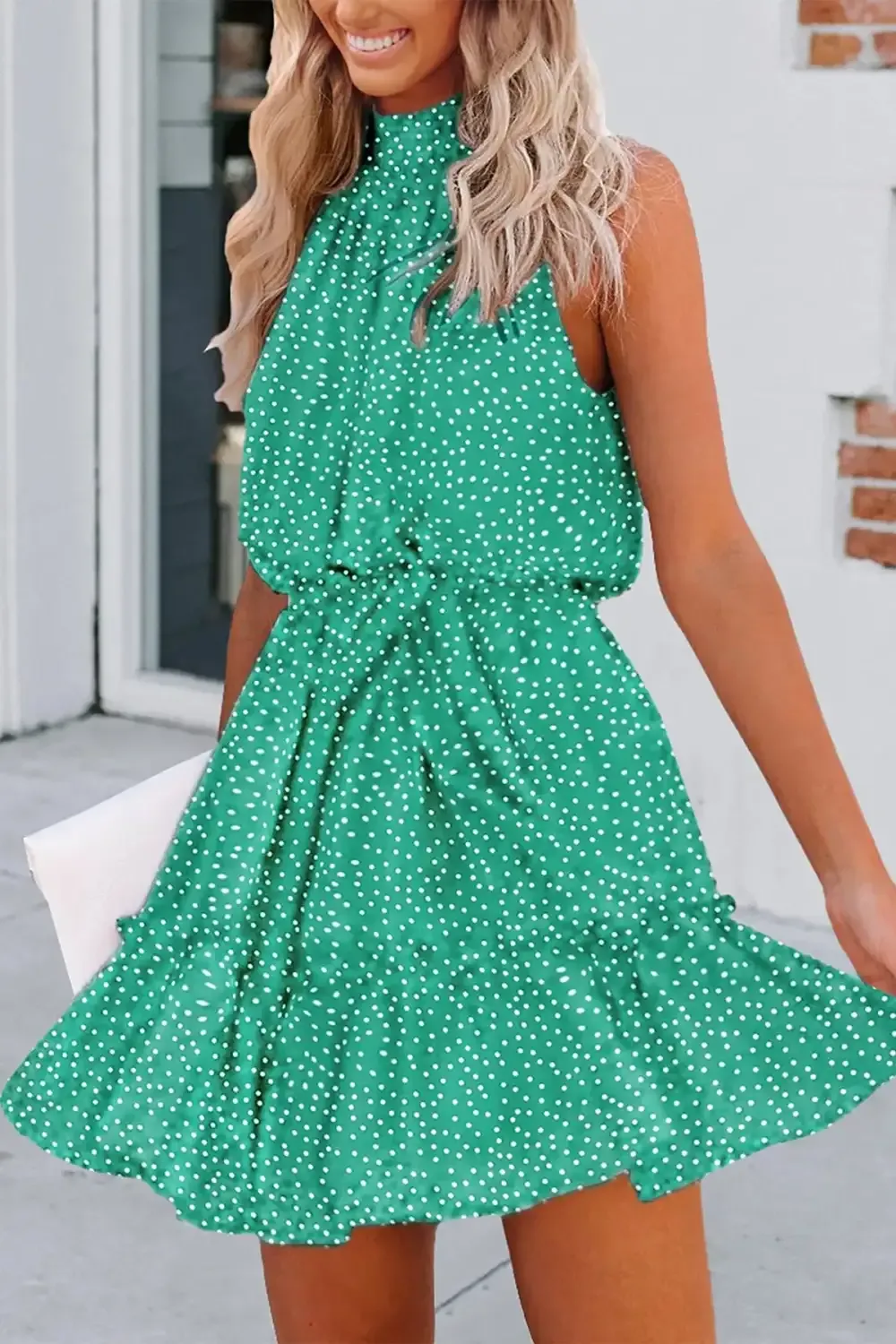 Halter Neck Summer Loose Sleeveless  Ruffle Belt Boho Floral Dress