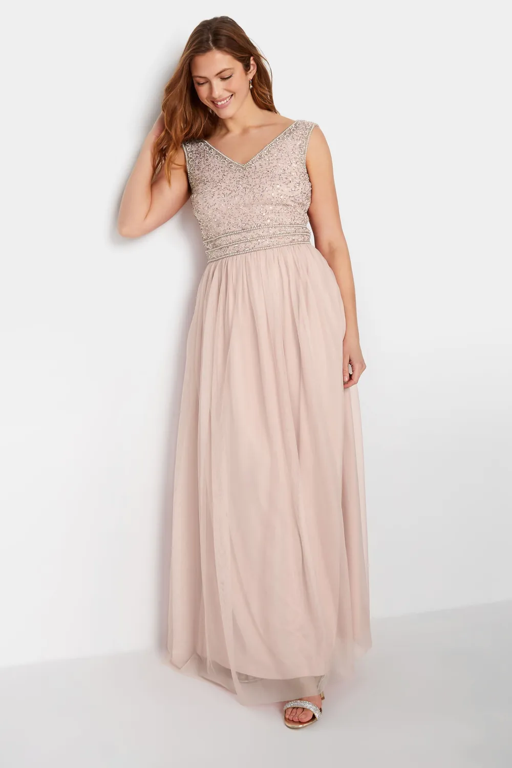 LTS Tall Blush Pink Sequin Hand Embellished Maxi Dress