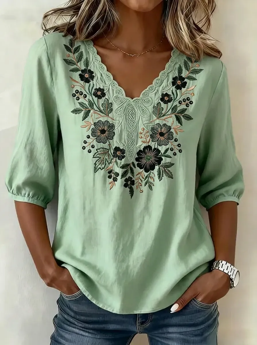 Women's Nashville Floral Embroidery V-Neck Printed Top