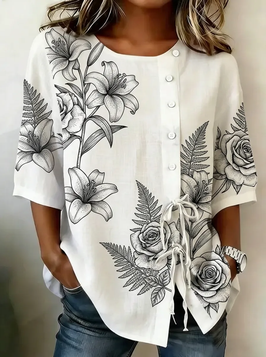 Women's Nashville Floral Lily Rose Fern Printed Button-up Top