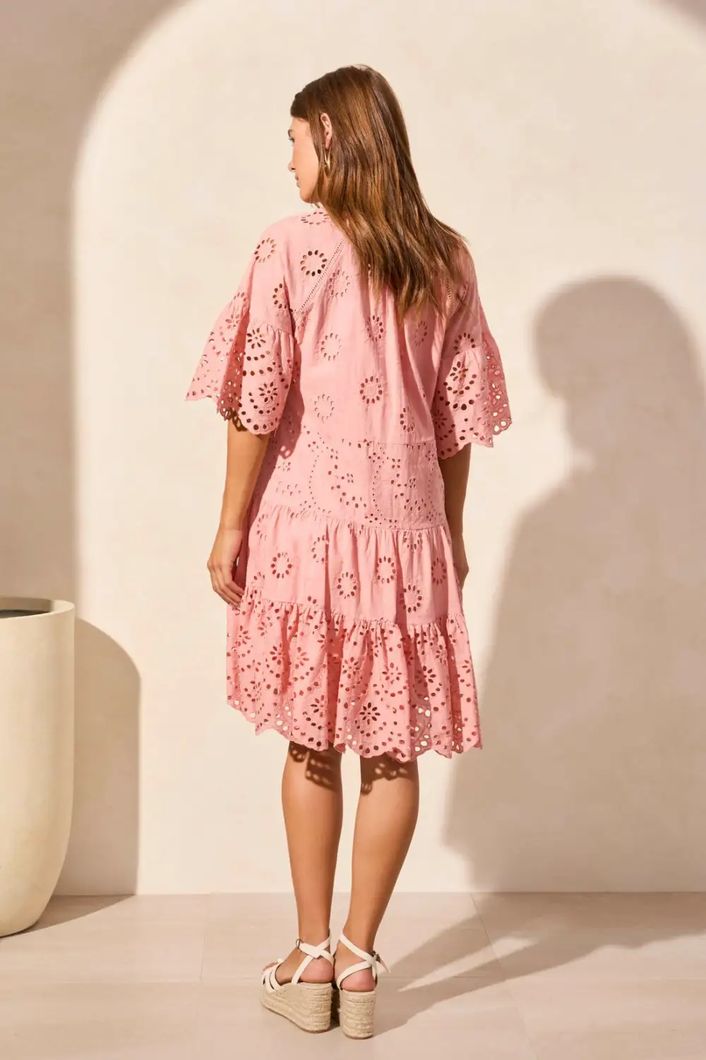 Cotton Eyelet Ruffle Short Sleeve Tiered Dress-Shellpink