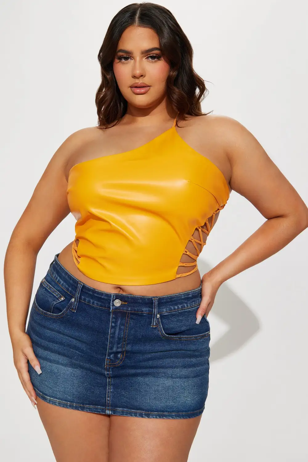 Wrapped Up One Shoulder PU Top - Orange