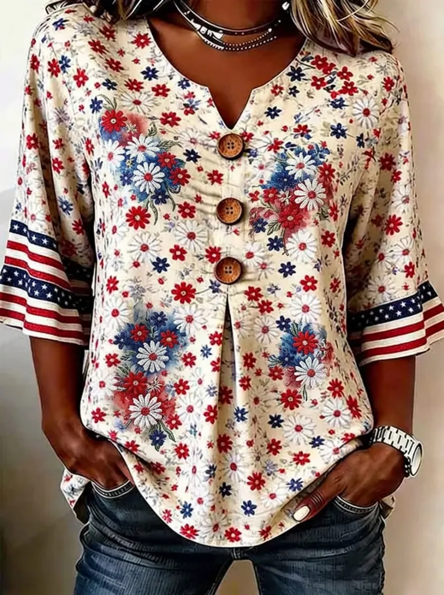 Women's Nashville Floral American Flag Printed V-Neck Top