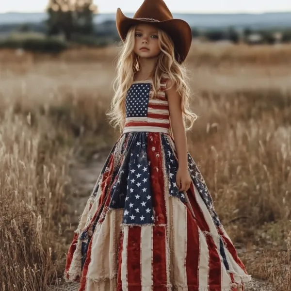 Young Girl's Independence Day America Flag Patchwork Print Linen Tank Dress（with Belt）