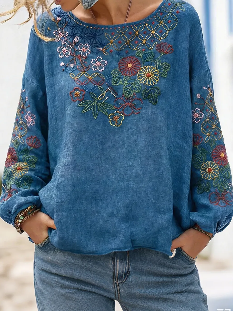 Women's Vintage Floral Pattern Linen Blend Crew Neck T-shirt