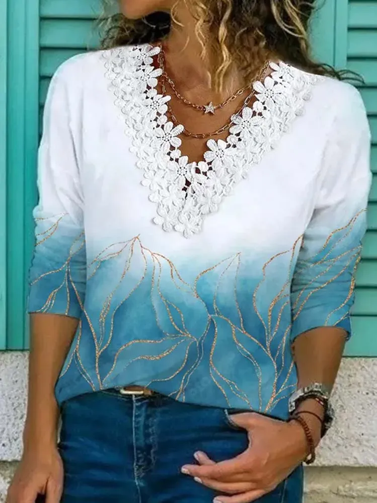 Women V-neck Long Sleeve Floral Printed Lace Tops