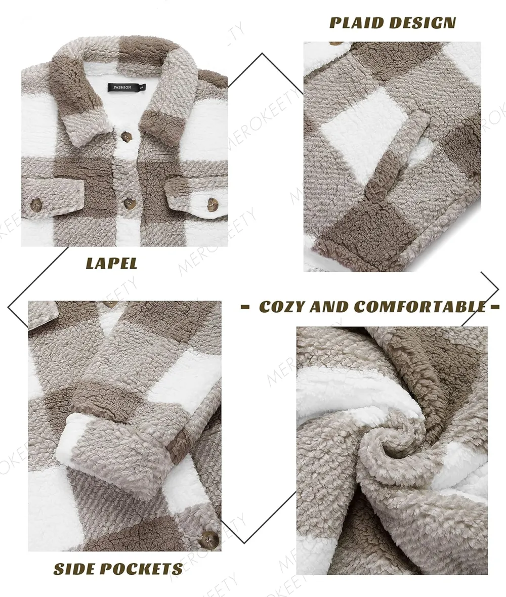 Women's Fleece Plaid Jacket Coats Button Down Lapel Sherpa Shacket Outwear with Pockets