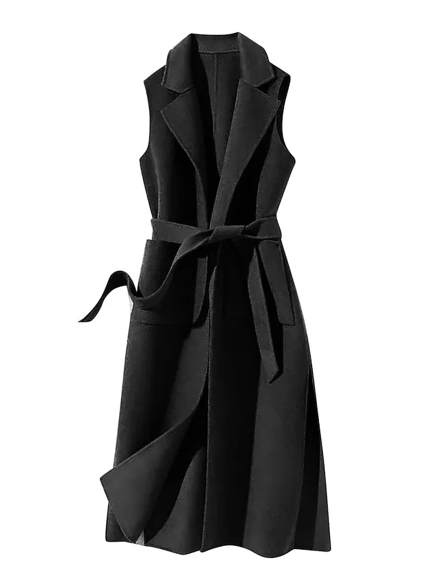 Women's Vest Winter Sleeveless Overcoat Long Pea Coat Fall Trench Coat with Belt Office Casual / Daily Fashion OuterwearBlack S