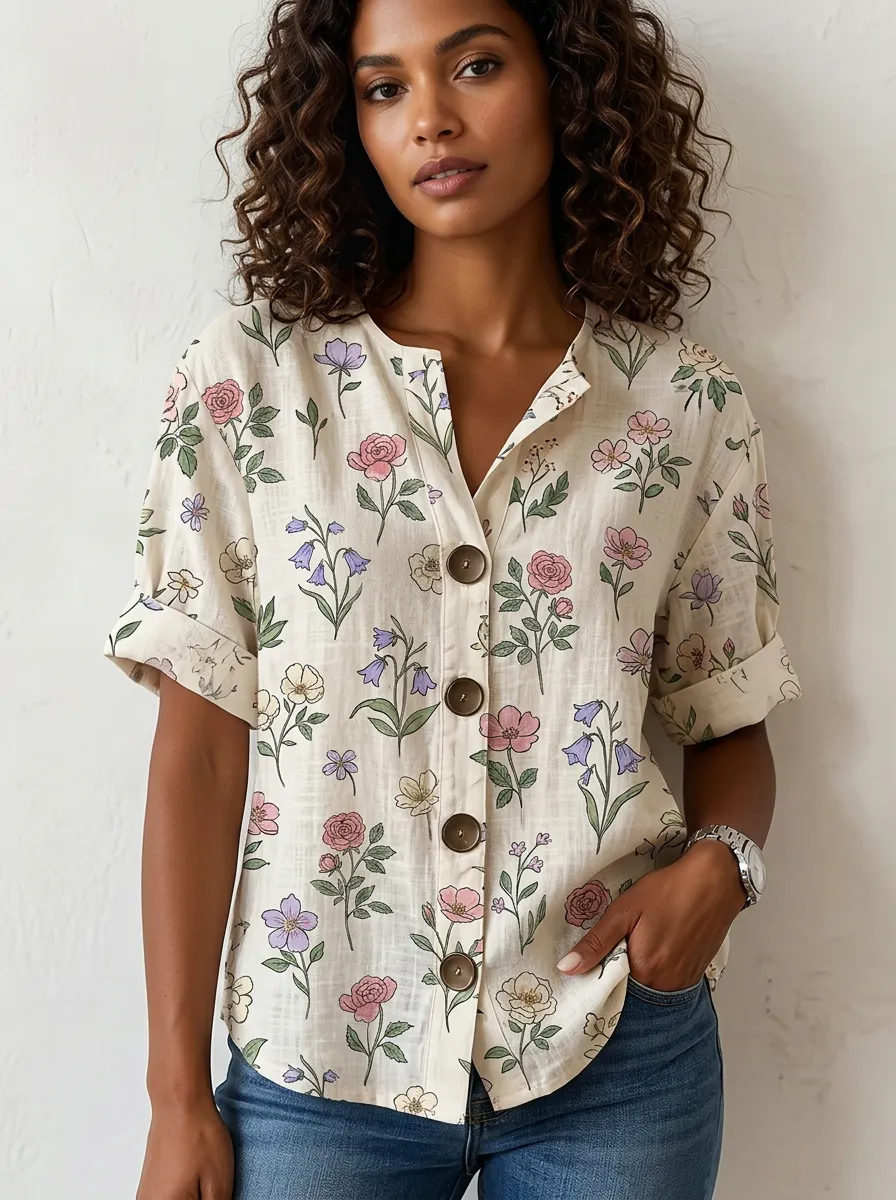 Women's Nashville Floral Botanical Printed Button-Down Shirt
