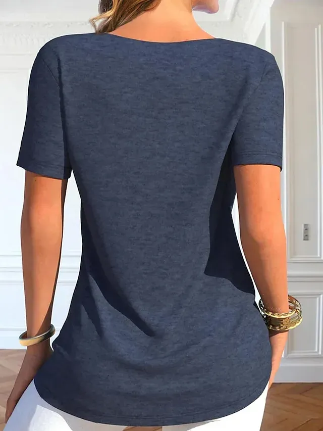 Women's T shirt Tee Blouse Black Red Navy Blue Plain Button Short Sleeve Casual Basic Round Neck Regular S