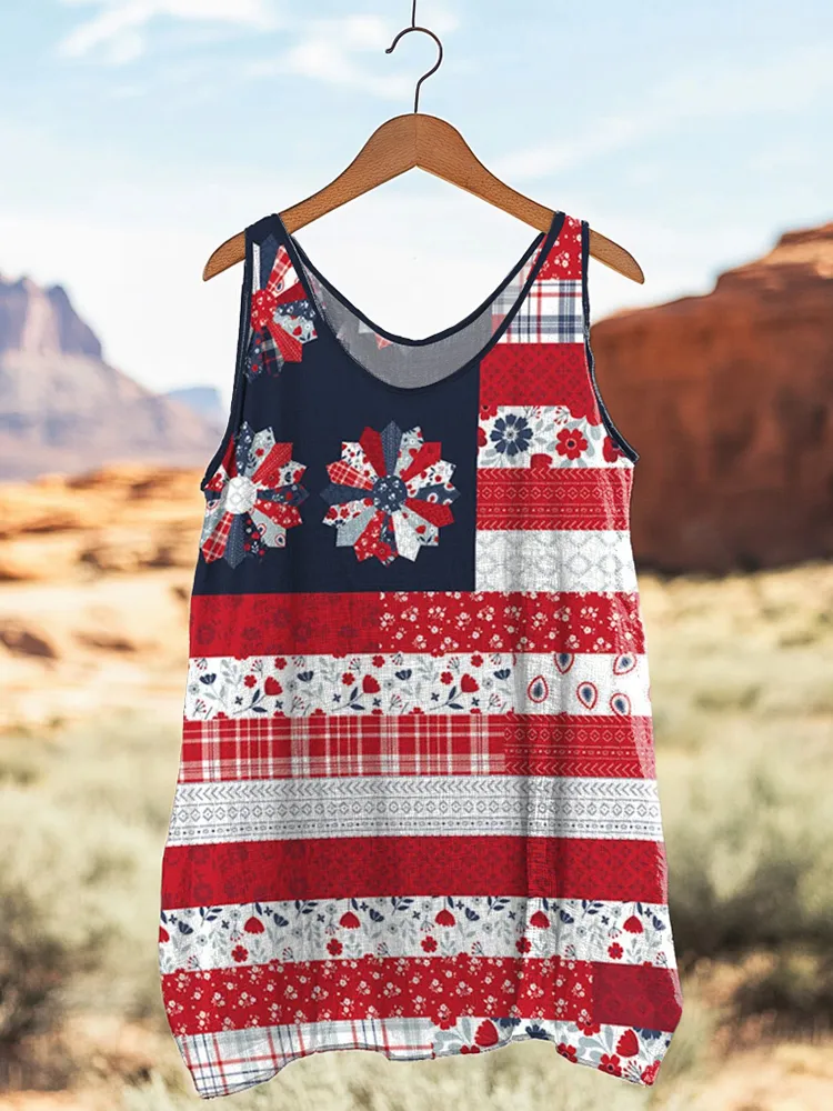 Women's Loose Independence Day American Beauty Flag Panel  Linen Sleeveless Tank Top