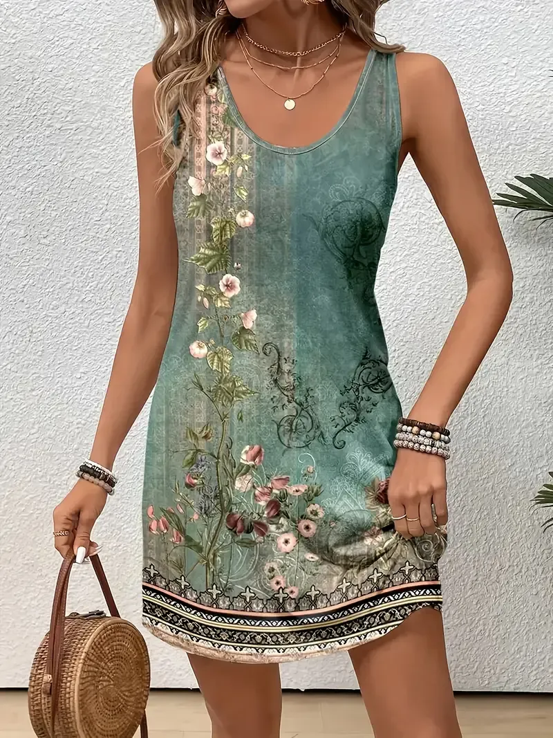 Women's Floral Print Sleeveless Tank Dress, Polyester 95% Spandex 5% Knit Fabric, Crew Neck Casual Loose Fit Spring/Summer Top