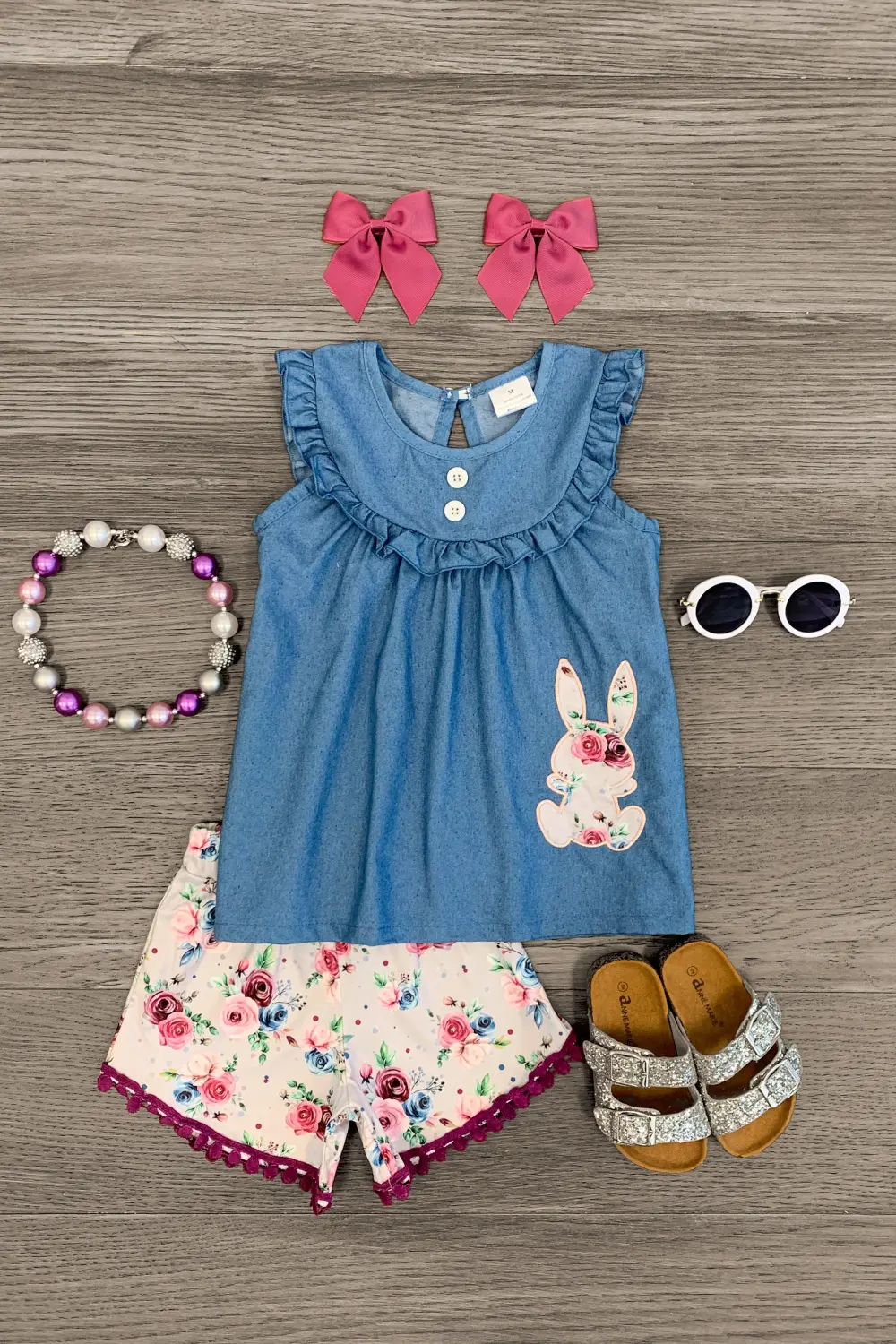 Embroidered Rose Floral Bunny Short Set