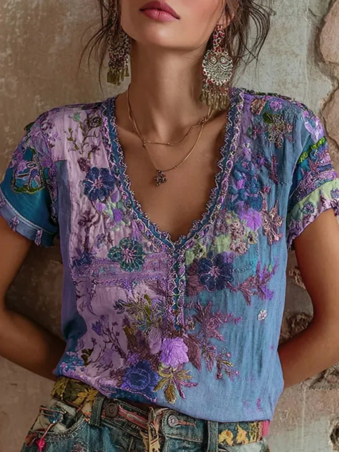 Women's Juneteenth Printed  V-Neck Top