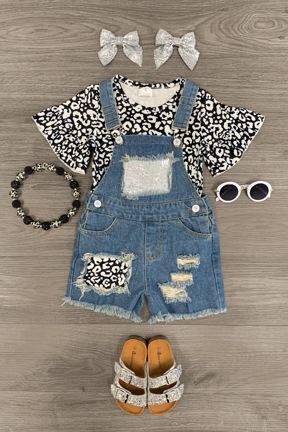 Black & White Cheetah Denim Overall Set