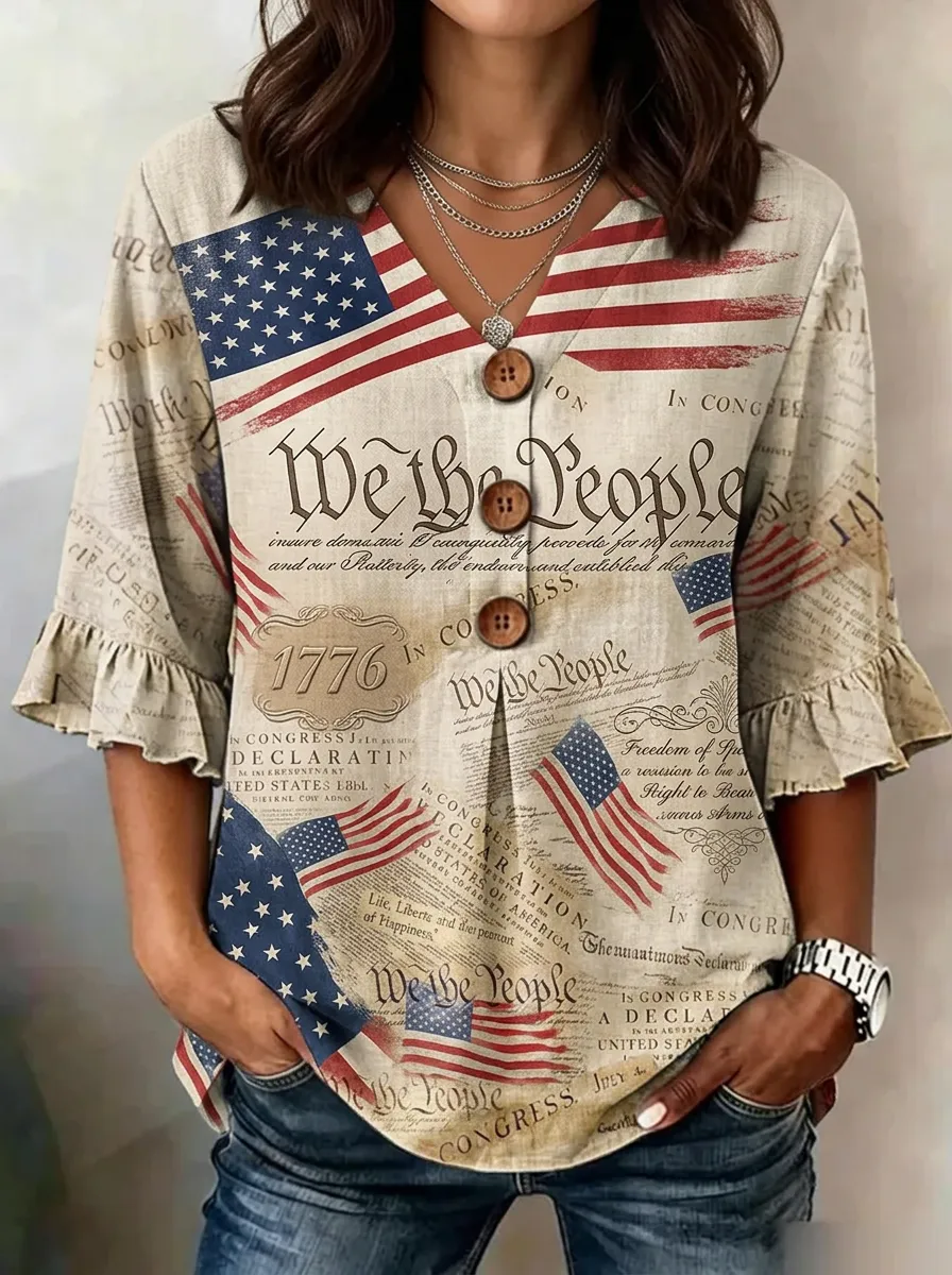 Women's Nashville Patriotic We The People Flag Printed V-neck Top