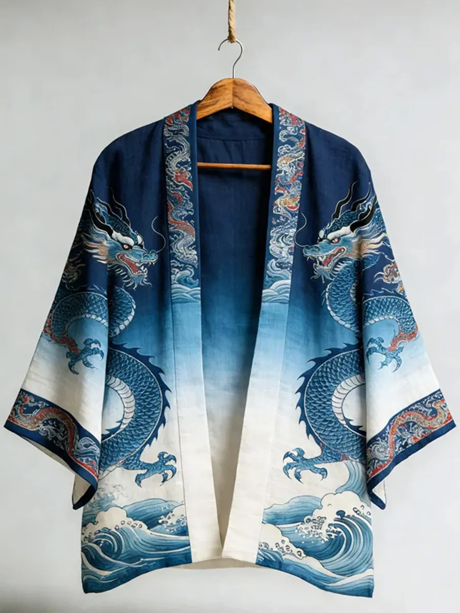 Japanese Dragons Sea Waves Gradient Linen Kimono