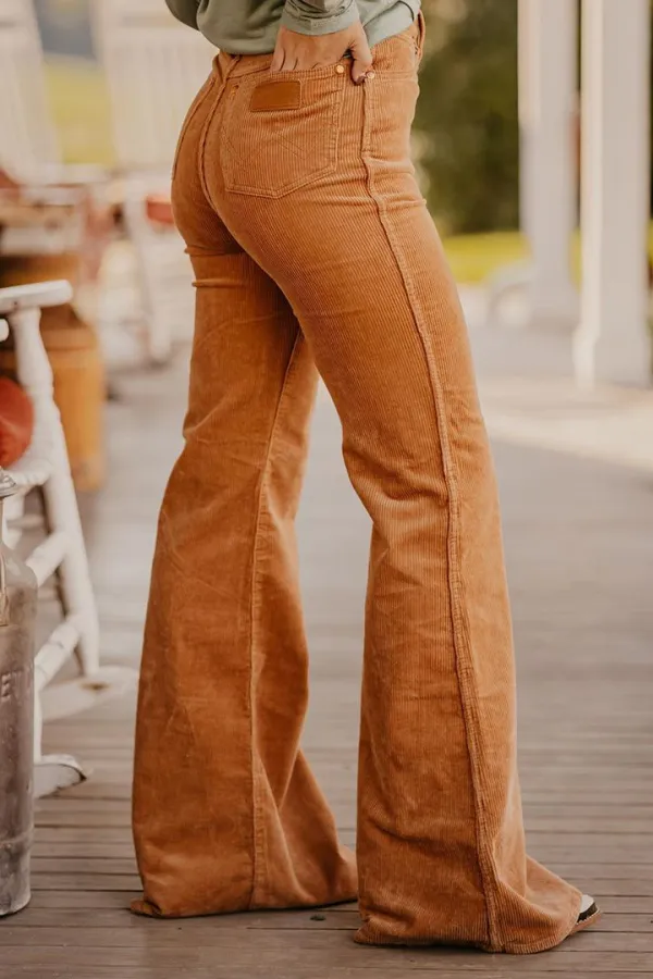 Solid Corduroy Patched Back High Waist Flare Pants