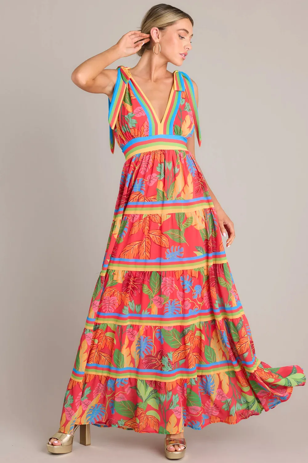 Flow Like Leaves Red Print Maxi Dress