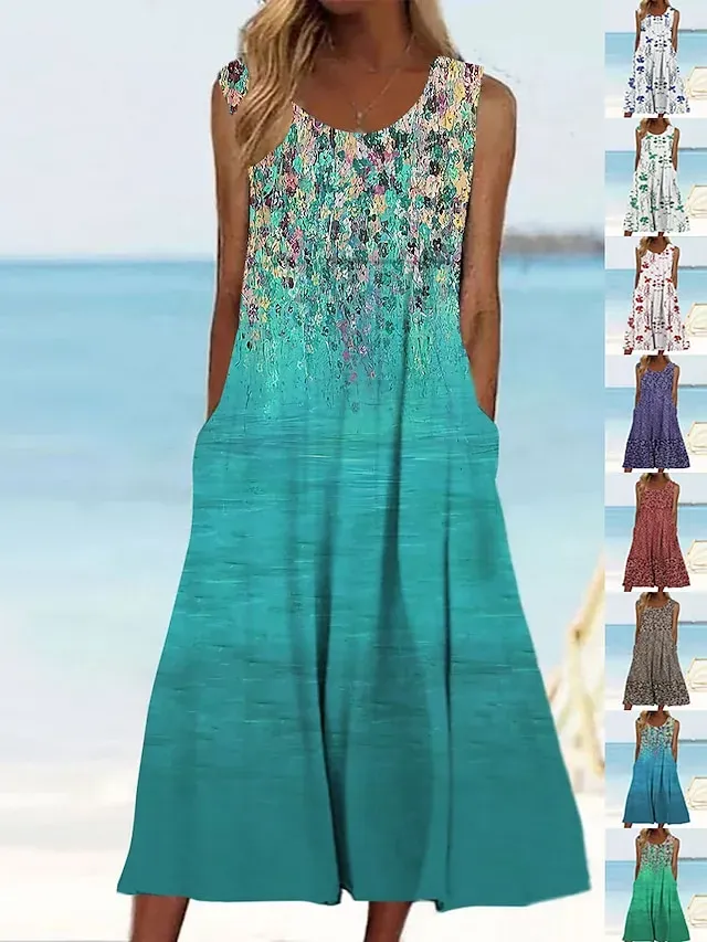 Women's Casual Dress Tank Dress Summer Dress Floral Print Crew Neck Midi Dress Active Fashion Daily Holiday Sleeveless Loose Fit Aqua Blue Cream Wine Summer Spring S M L XL XXL