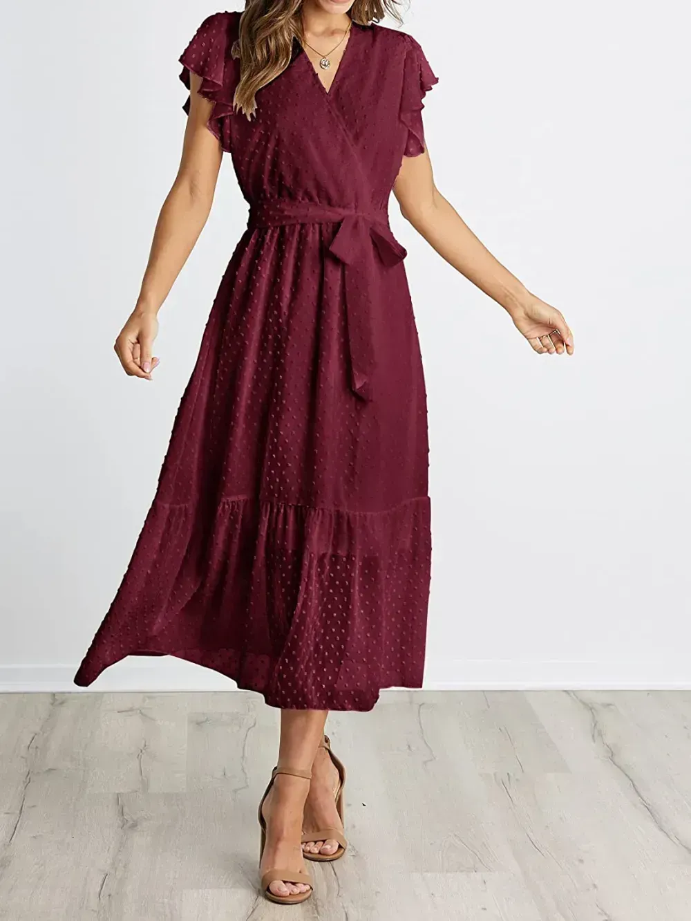Women Summer Bohemian Floral Casual Wrap V Neck Ruffle Cap Sleeveless Belt A-Line Pleated Hem Swing Midi Sun Dress
