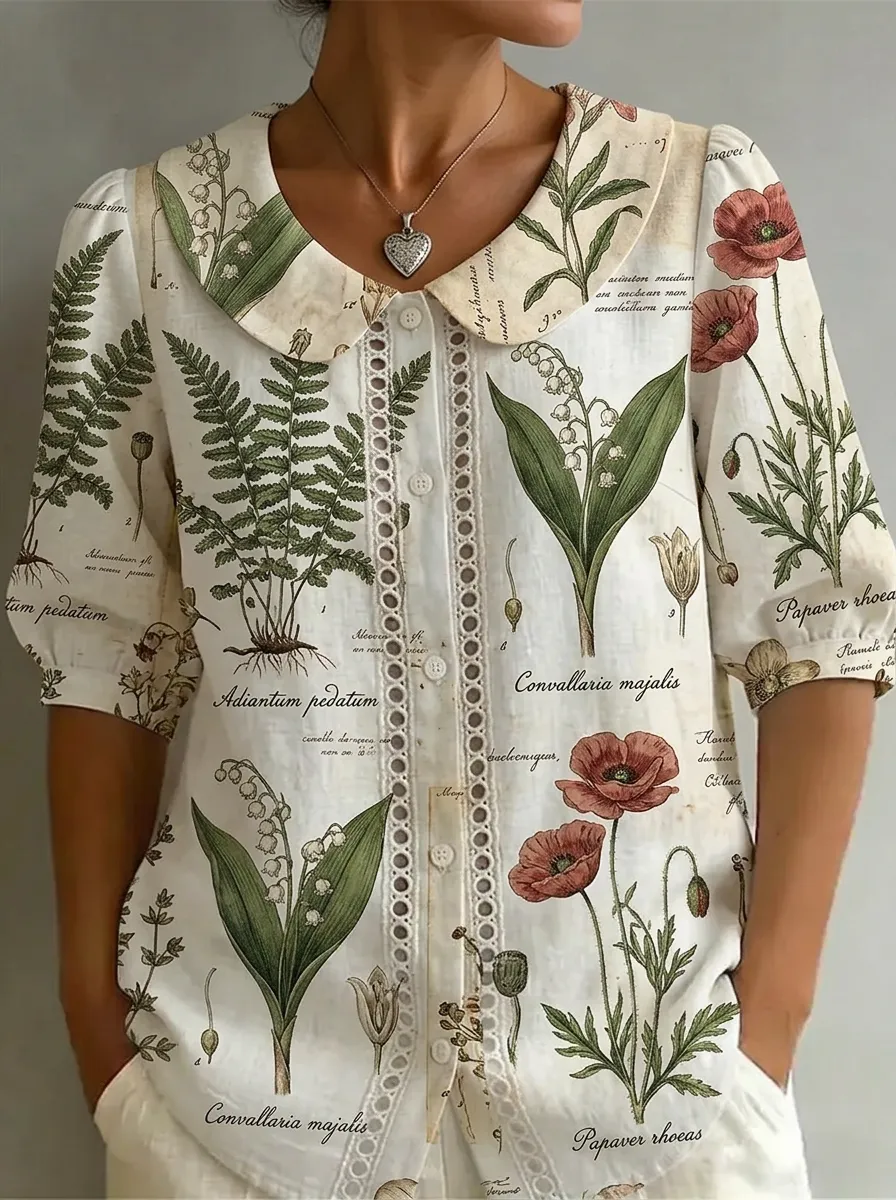 Women's Botanical Nashville Vintage Plant Printed Peter Pan Collar Shirt