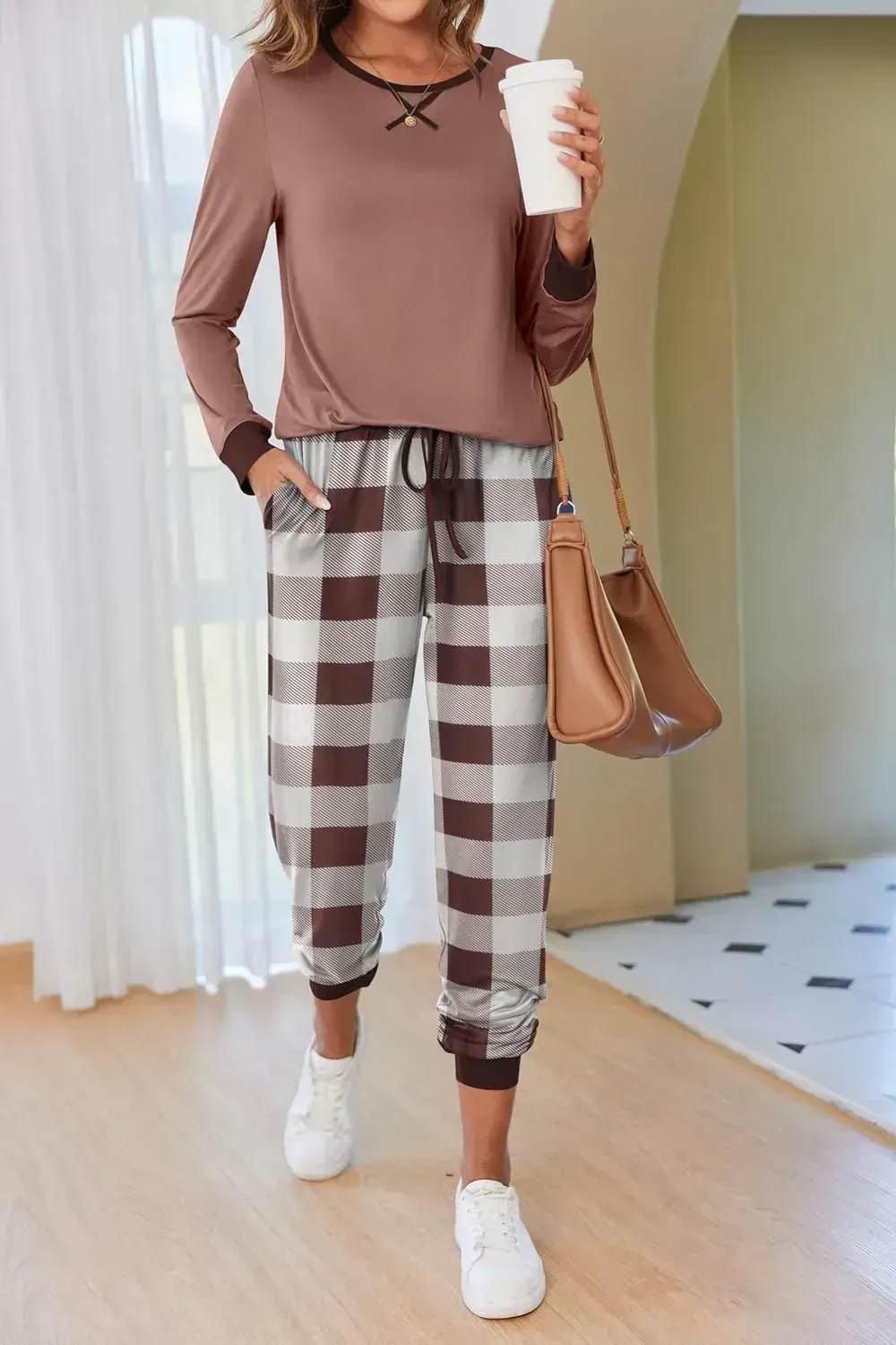 Women's Pajamas Sets Long Sleeve with Plaid Pants Soft Sleepwear O Neck 2 Piece Pjs Joggers Loung Set with Pockets